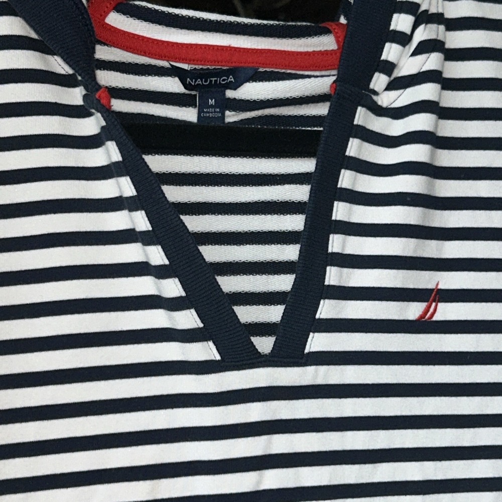 Nautica Resort Top Woman Medium French Terry Blue White Stripe Hood #0513 - Picture 2 of 9
